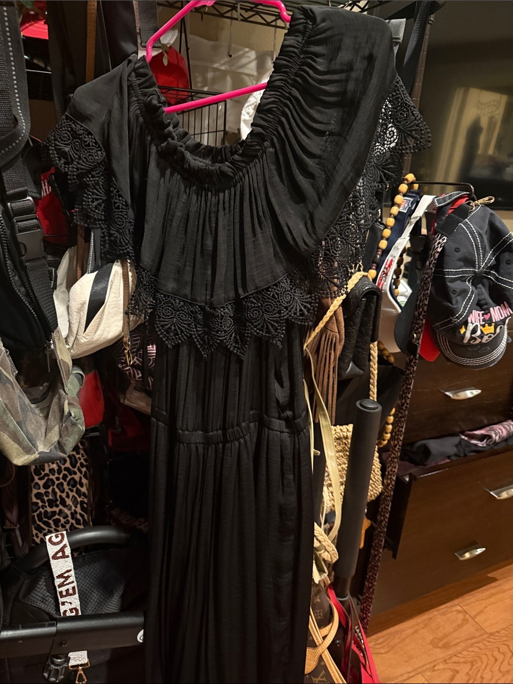 Strapless Black Crochet-Trim Maxi Dress
